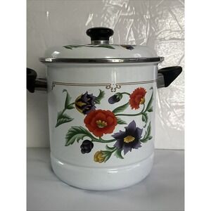Vintage GMI Enamelware Stock Pot with Lid Floral Poppy White Enamel Soup Pot